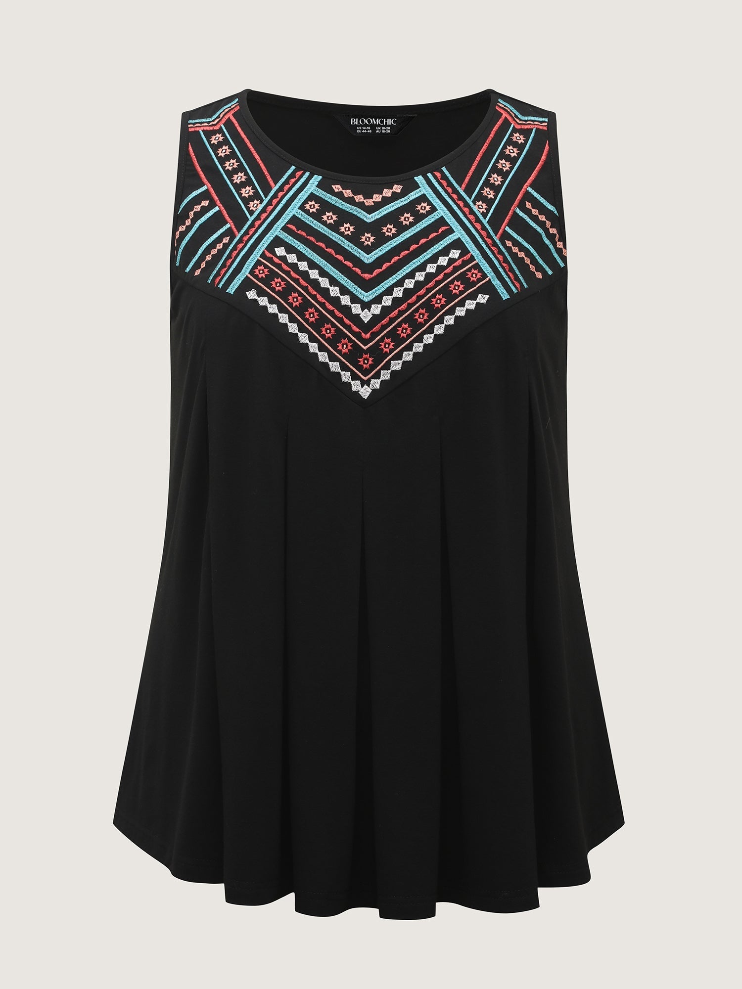 Embroidered Neckline Pleated Front Panel Tank Top