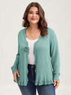 Supersoft Textured Floral Button Ruffled Hem Knit Cardigan