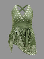 Boho Print Waist-Tie Surplice Neck Swim Dress