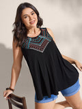 Embroidered Neckline Pleated Front Panel Tank Top