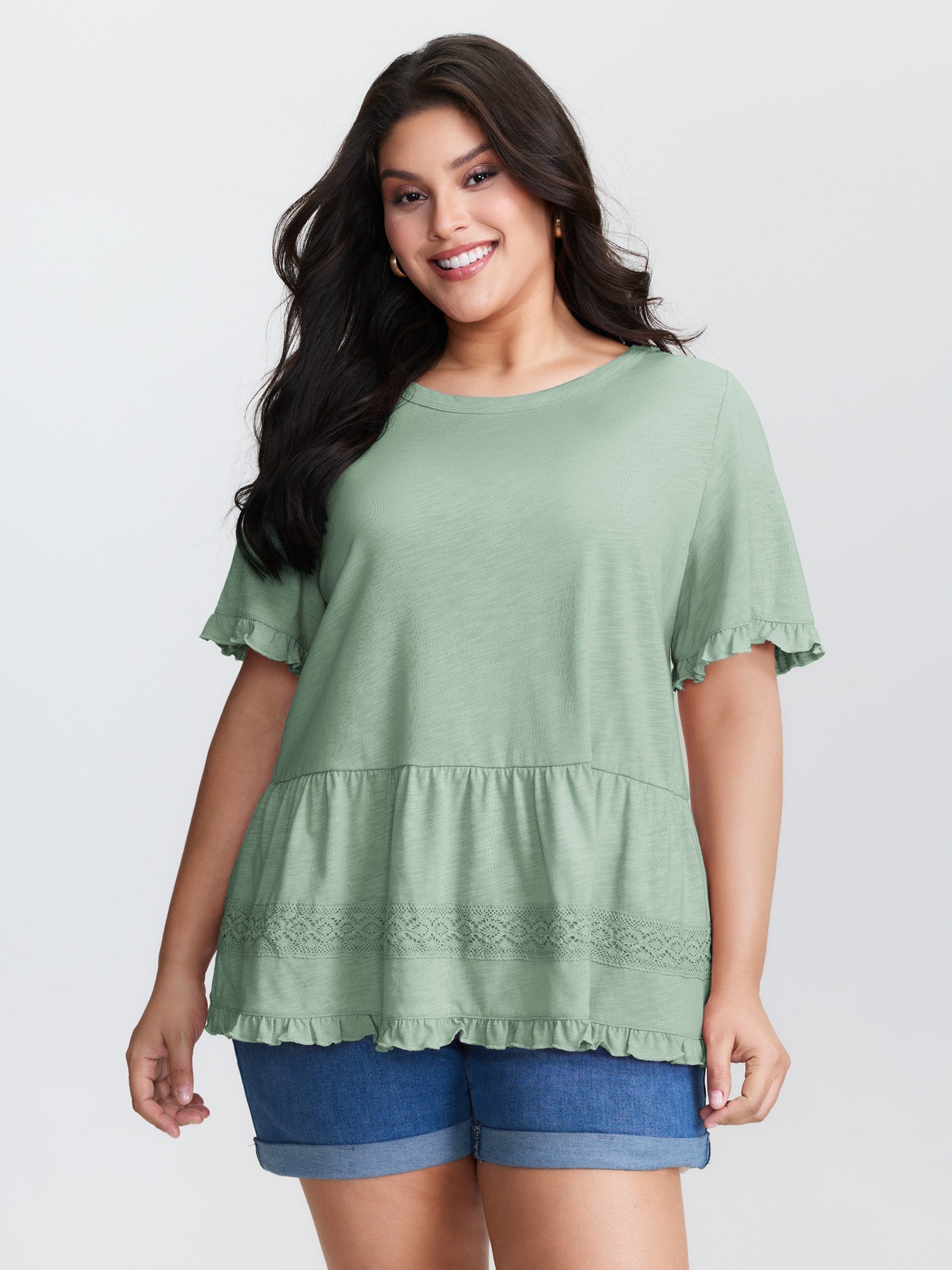 Lace Trim Ruffled Hem Plain Knit Top