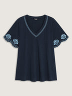 Cotton Stretchy V-Neck Floral Print T-Shirt