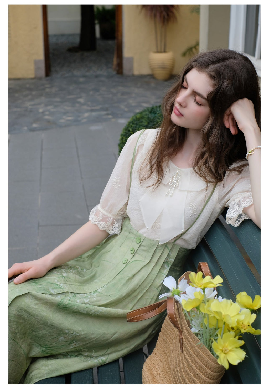 Embroidered Chiffon Shirt + High Waist Pinafore Skirt