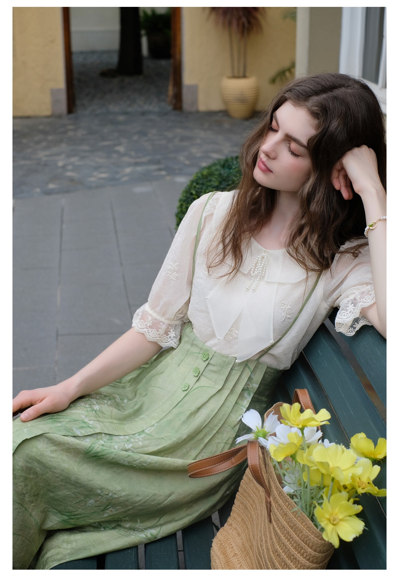 Embroidered Chiffon Shirt + High Waist Pinafore Skirt