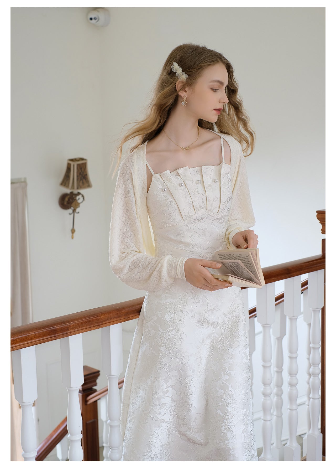 Elegant Pearl Shell Jacquard Dress + Fairy Cardigan