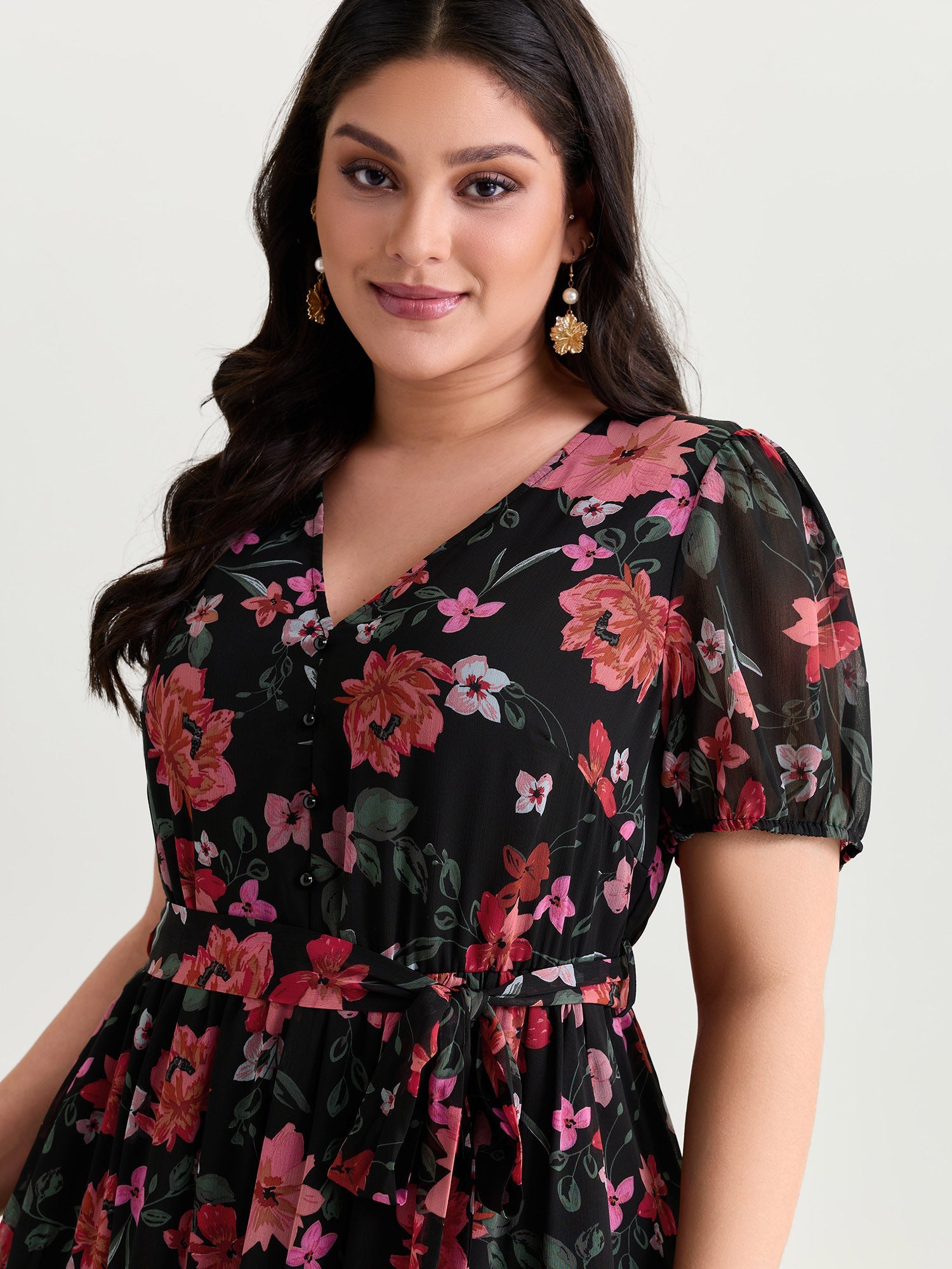 Floral Romance Pockets Belted Midi Dress