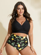 Lemon Print Pleated Tummy-Control Bikini Bottoms