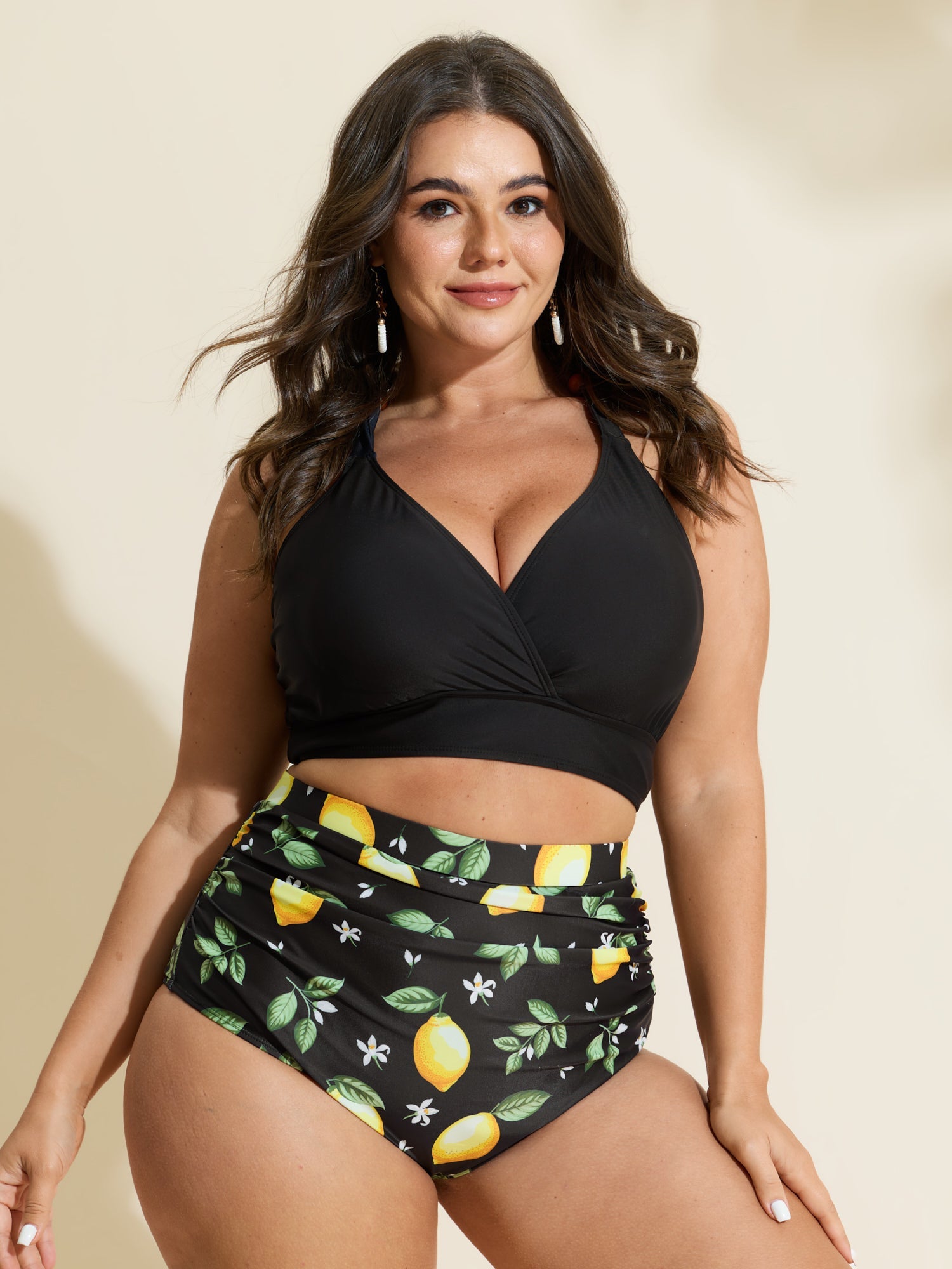 Lemon Print Pleated Tummy-Control Bikini Bottoms