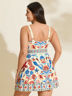 Floral Surplice Neckline Pockets Swim Dress