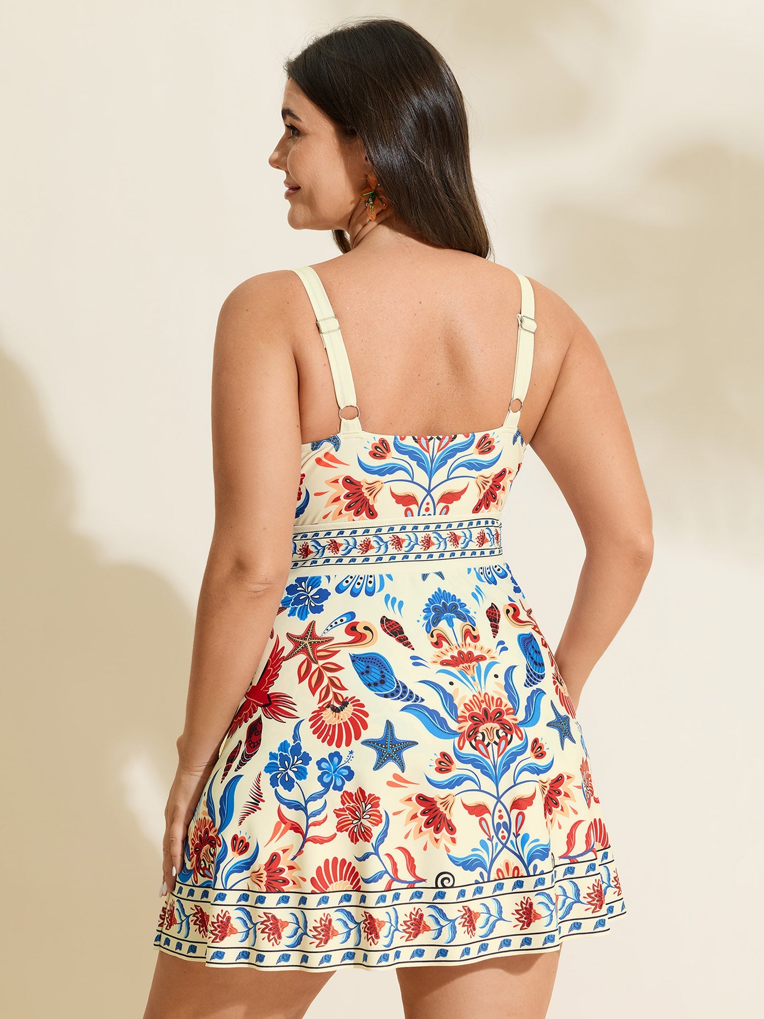 Floral Surplice Neckline Pockets Swim Dress