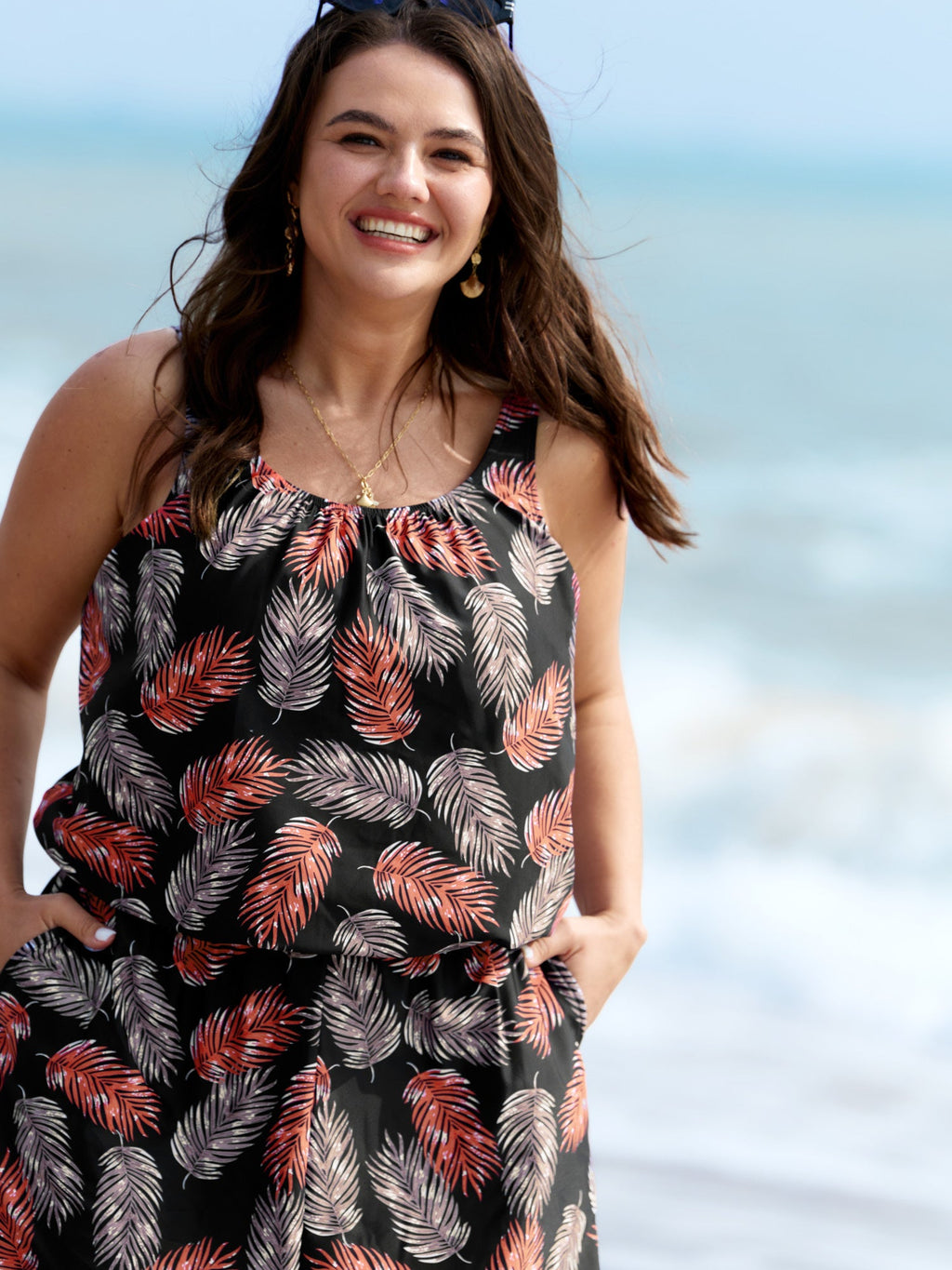 Tropical Flower Print Pockets One-Piece Swimsuit