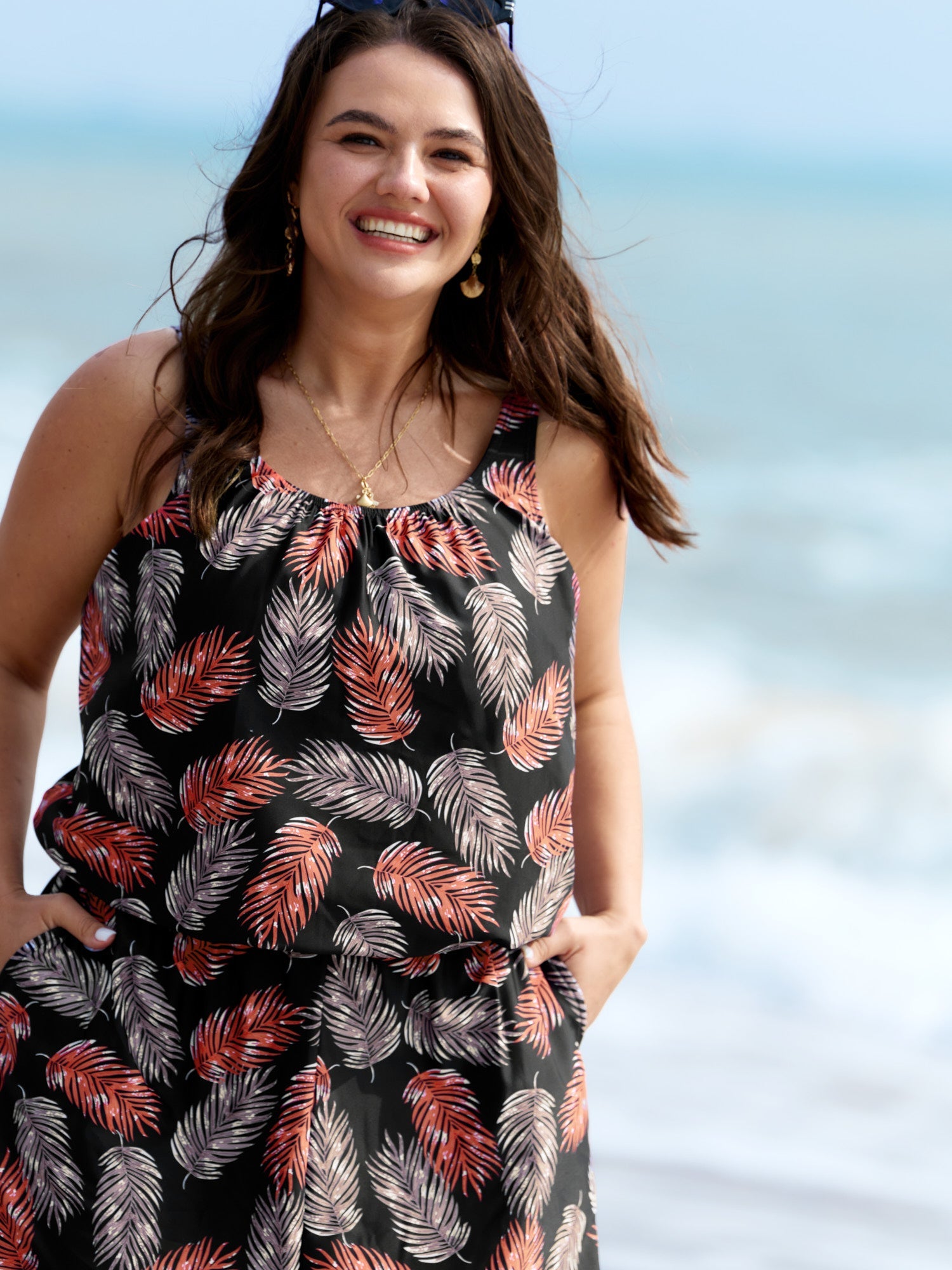Tropical Flower Print Pockets One-Piece Swimsuit