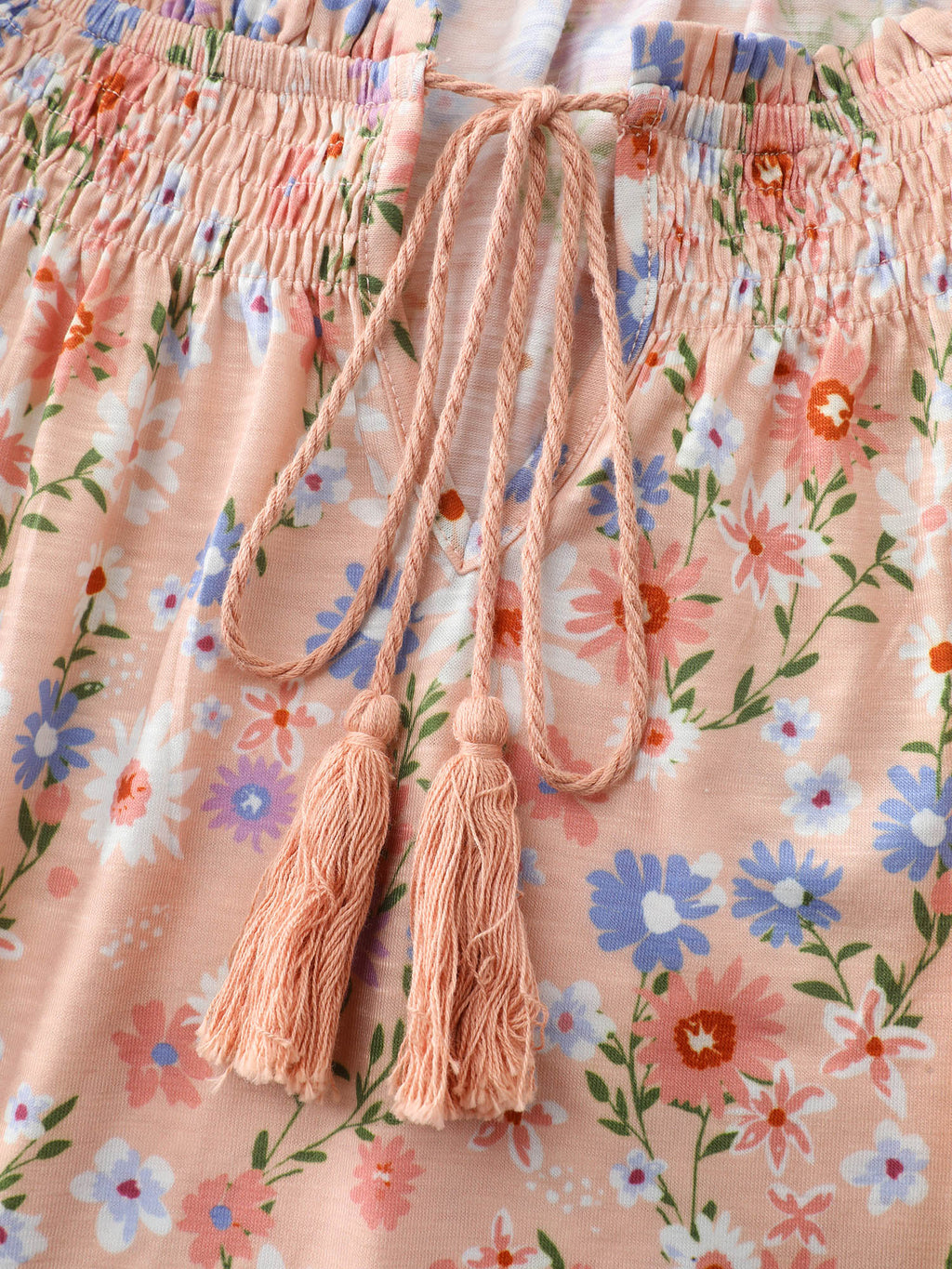 Sweet Floral Print Shirred Drawstring Neckline Top