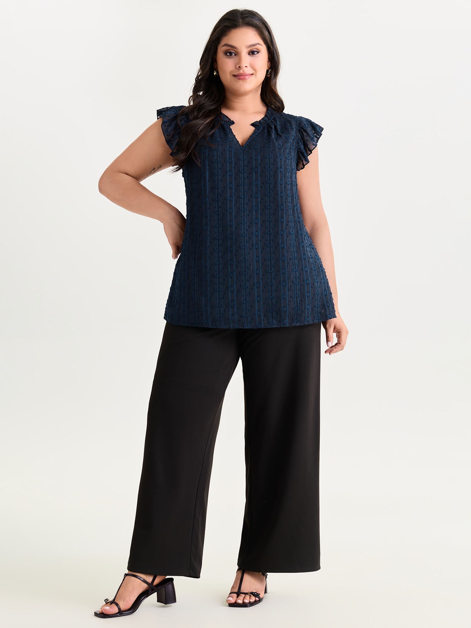 Textured Ruffled Notched Collar Blouse