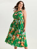 Large Floral Print Halter Neckline Midi Dress