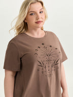 Cotton Star Print Round Neck Curvy Hem T-Shirt