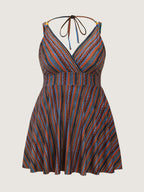 Anti-Float Ties Stripe Print Swim Dress
