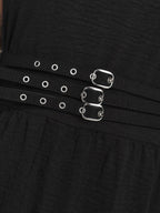 Wide Straps Belted Buckle Detail Midi Dress