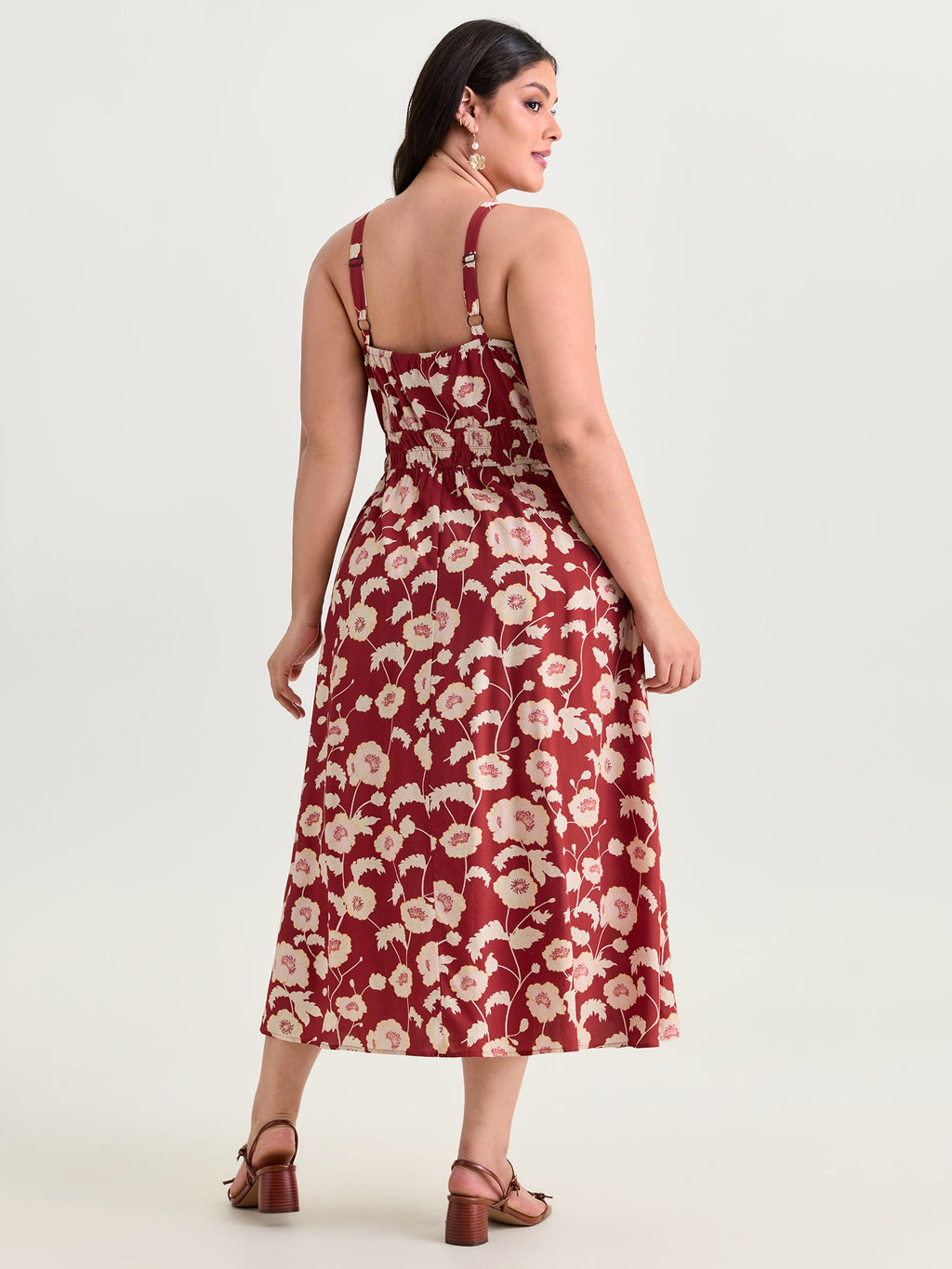 Floral Print Shirred Waist Drawstring Midi Dress