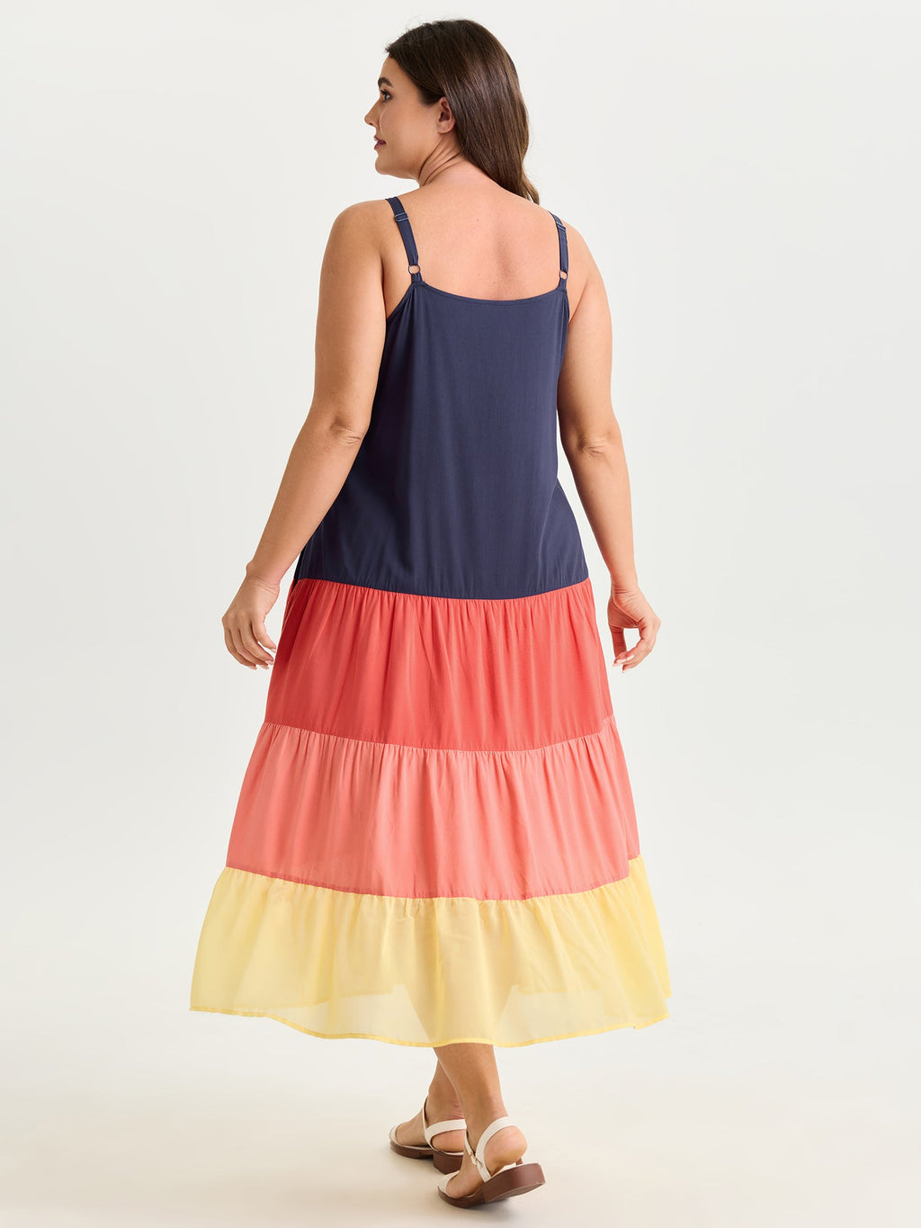 Colorblock Tiered Pockets Cami Midi Dress