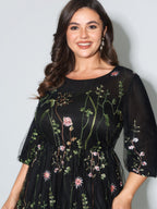 Floral Embroidered Elastic Waist Lined Midi Dress