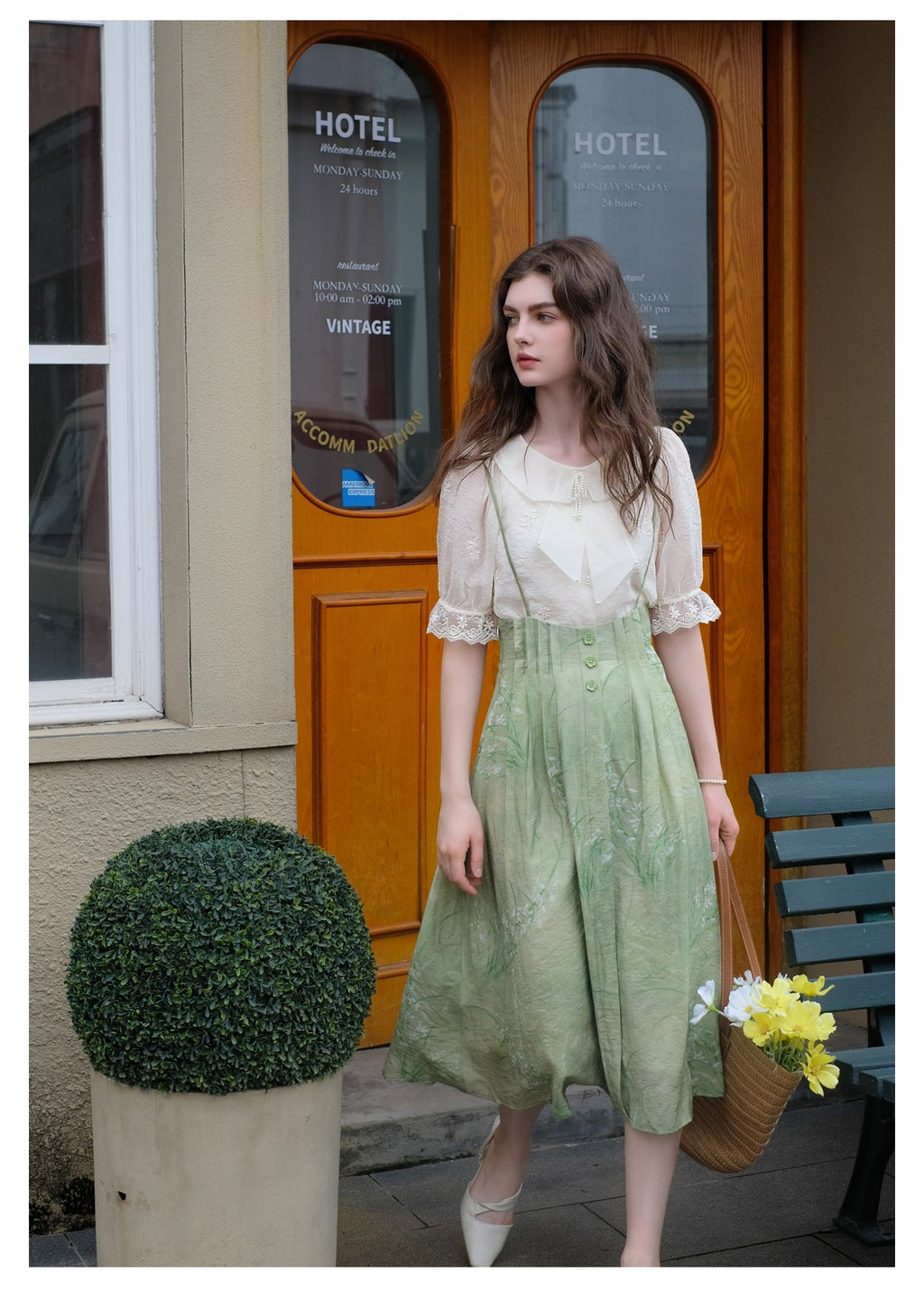 Embroidered Chiffon Shirt + High Waist Pinafore Skirt