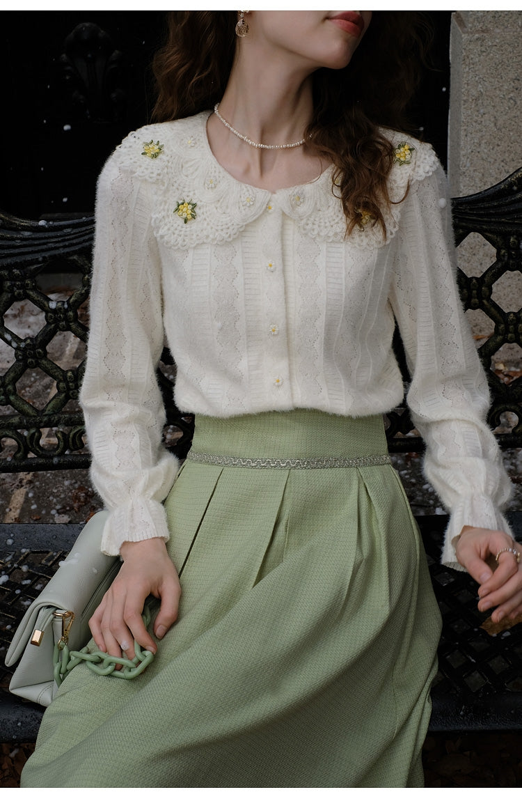 Fluffy Lace Blouse + High Waist Pleated Skirt