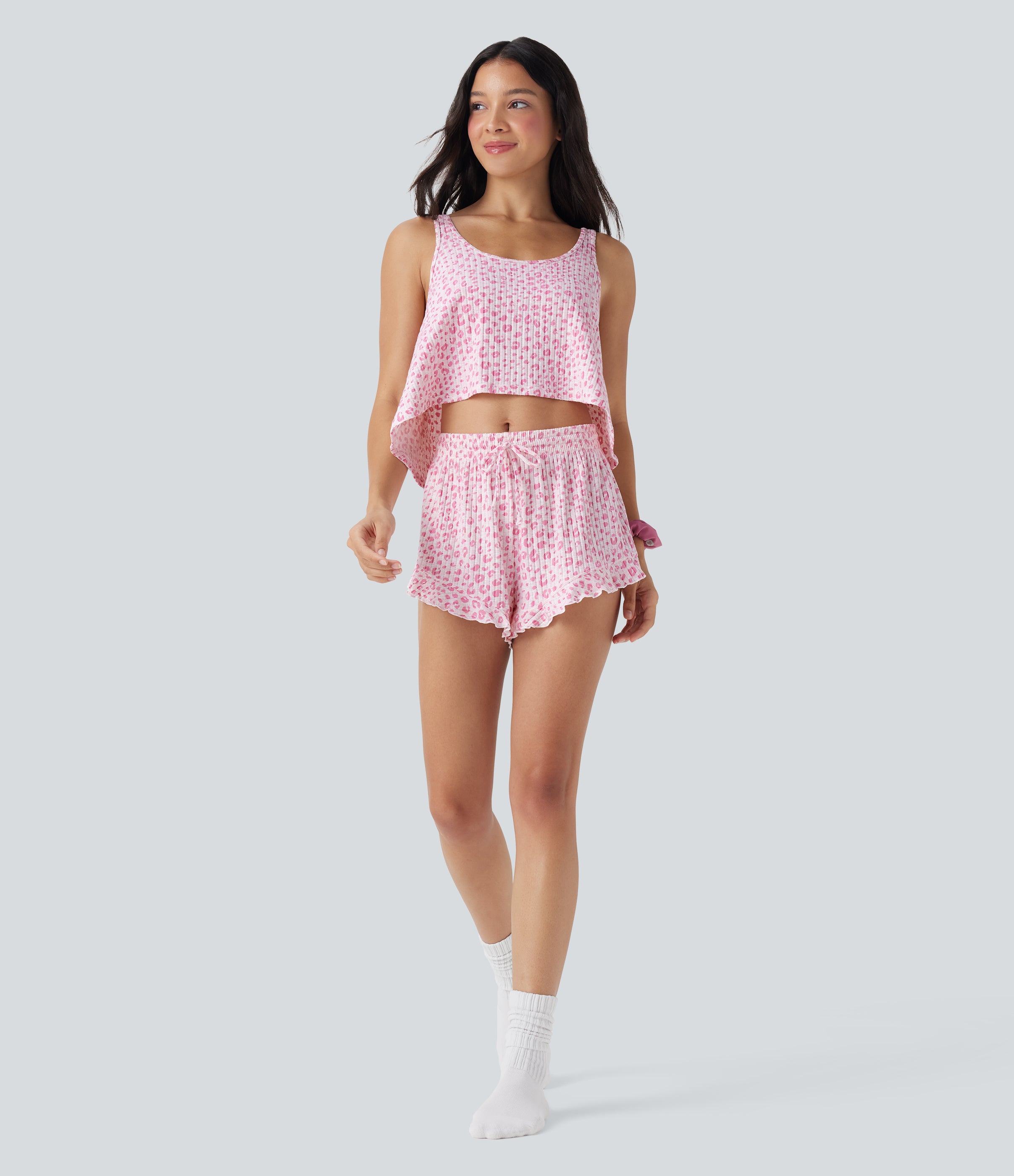 Mid Rise Drawstring Ruffle Hem Leopard Print Lounge Shorts