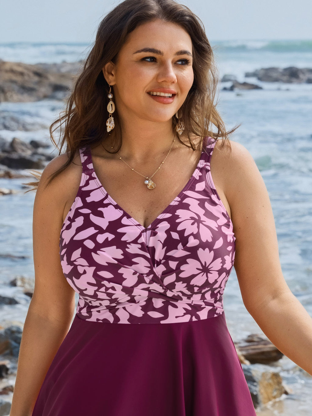 Tropical Floral Print Twist-Front Swim Dress