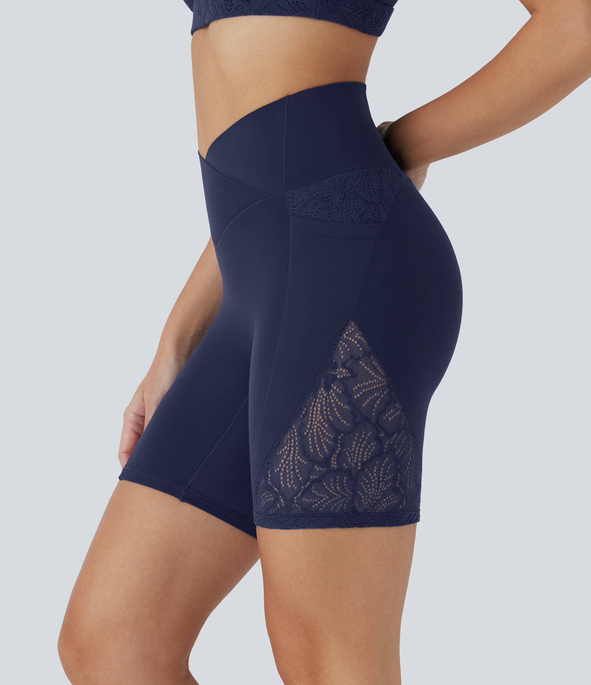 SoftlyzeroTM High Waisted Crossover Contrast Lace Yoga Biker Shorts 7'' with Pockets-UPF50+