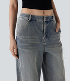 FlexTM Low Rise Wide Leg Washed Casual Jeans with Pockets