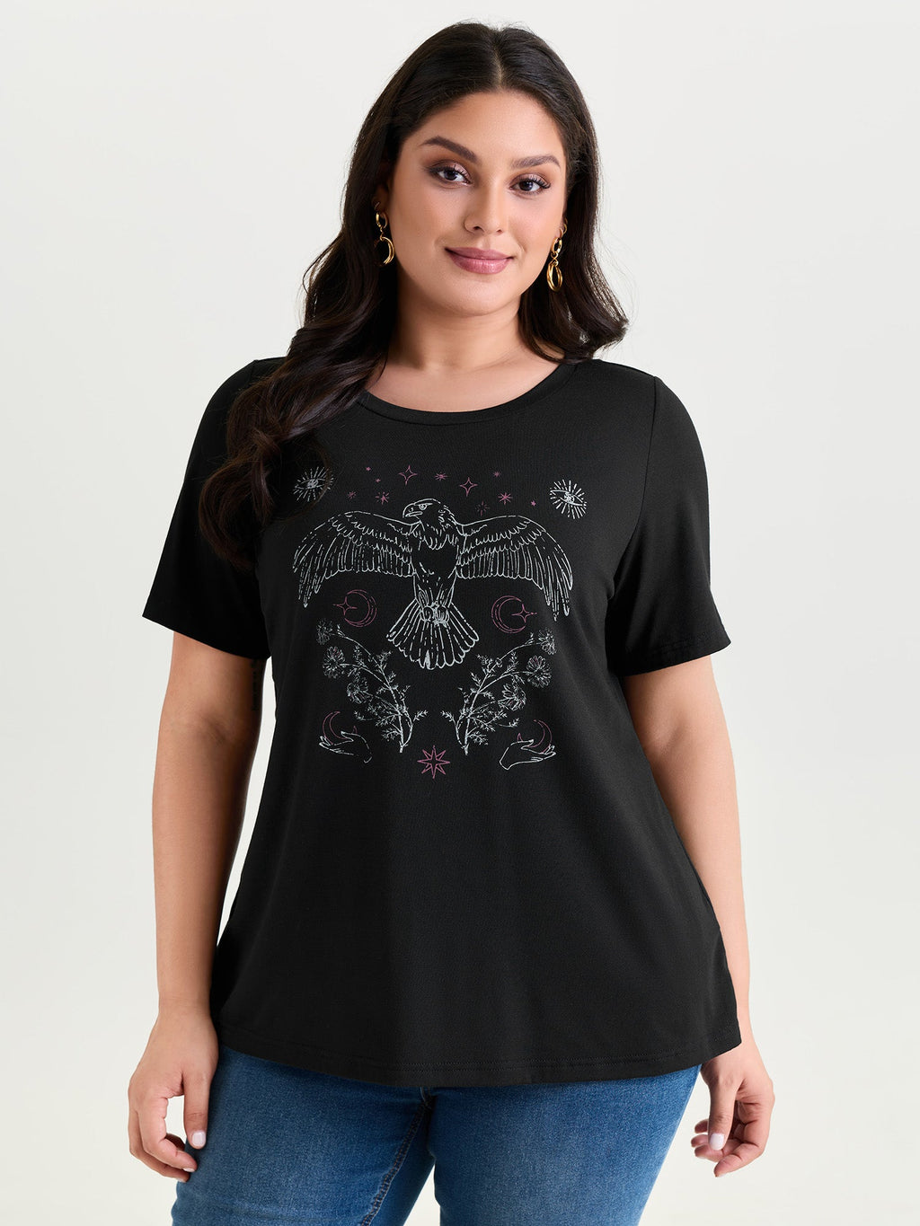 Supersoft Bird Print Round Neck Plain T-Shirt