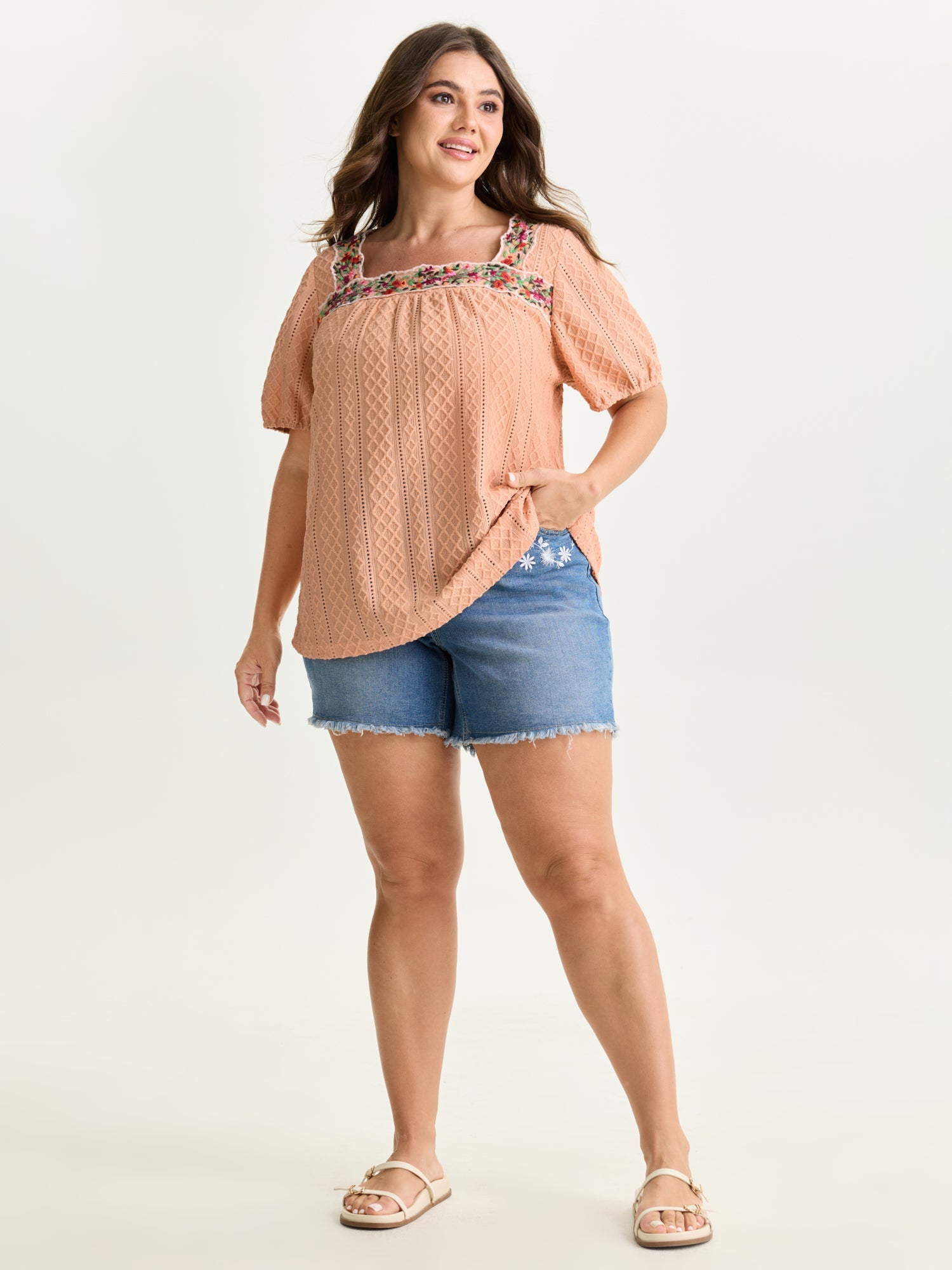 Eyelet Trim Floral Embroidered Solid T-Shirt