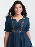 Floral Embroidered Neckline Textured Mini Dress