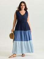 Colorblock Shoulder-Tie Tiered Maxi Dress