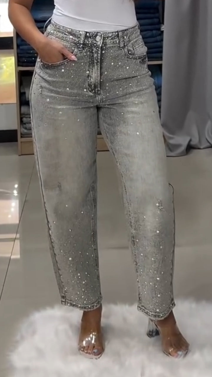 Ladies Washed and Rhinestone Casual Jeans