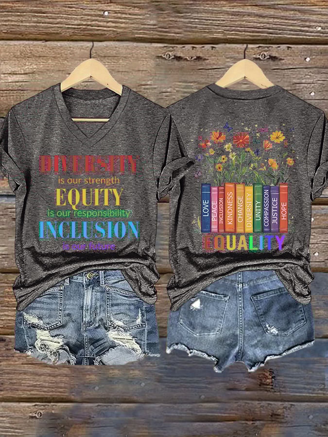 🔥Buy 3 Get 15% Off🔥V-neck Retro Diversity Is Our Strength Equity Is Our Responsibility Inclusion Is Our Future Print T-Shirt