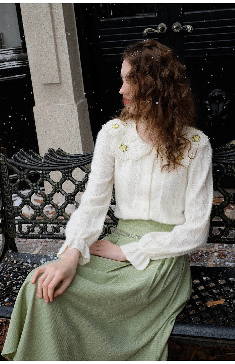 Fluffy Lace Blouse + High Waist Pleated Skirt