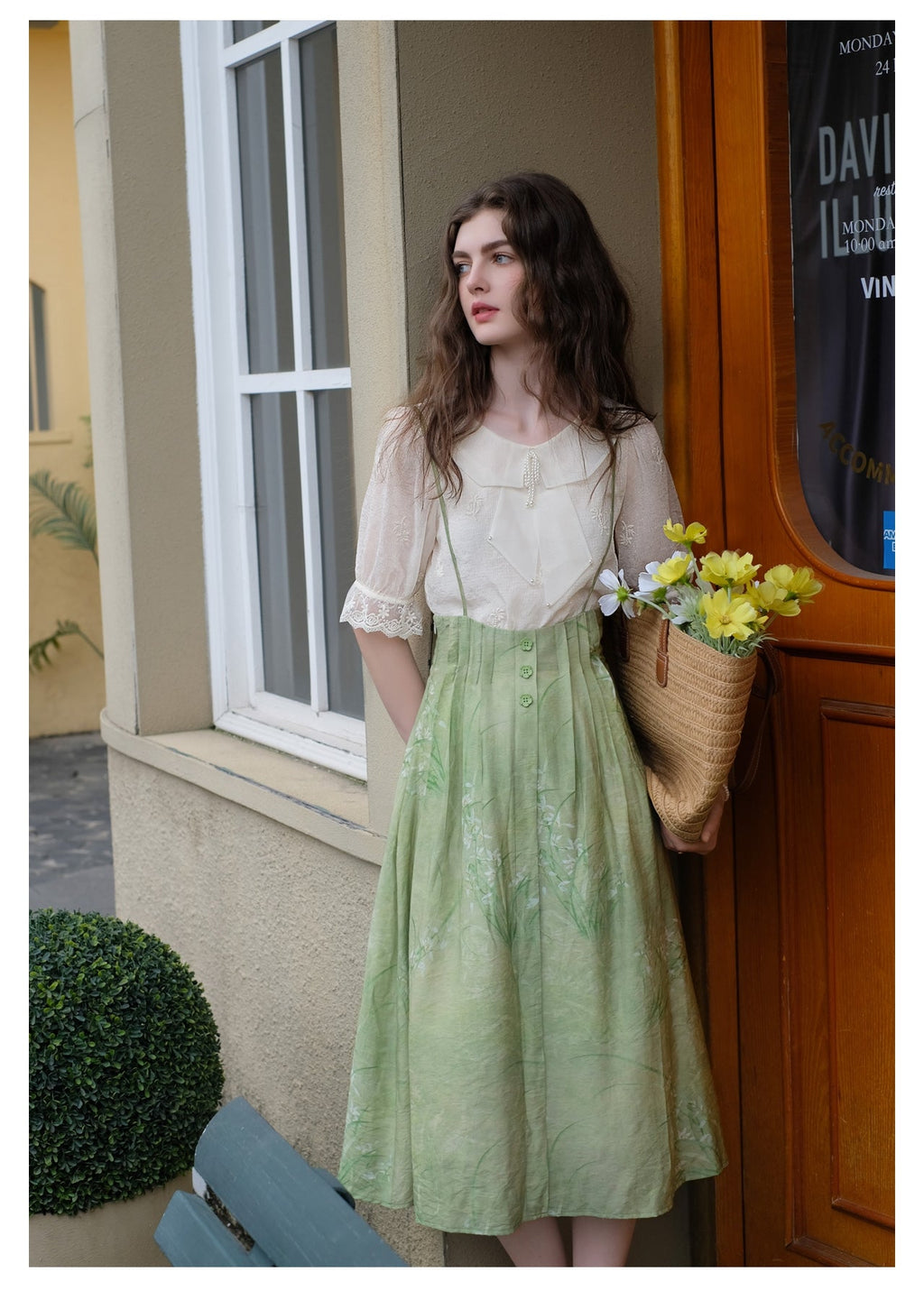 Embroidered Chiffon Shirt + High Waist Pinafore Skirt