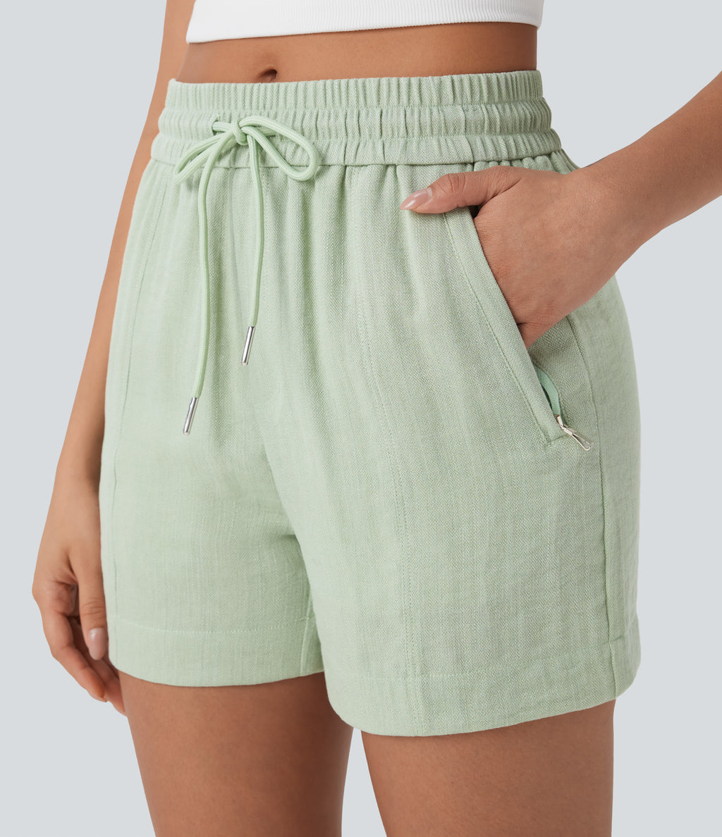 Mid Rise Drawstring Linen-Feel  Work Shorts with Side Zip Pockets