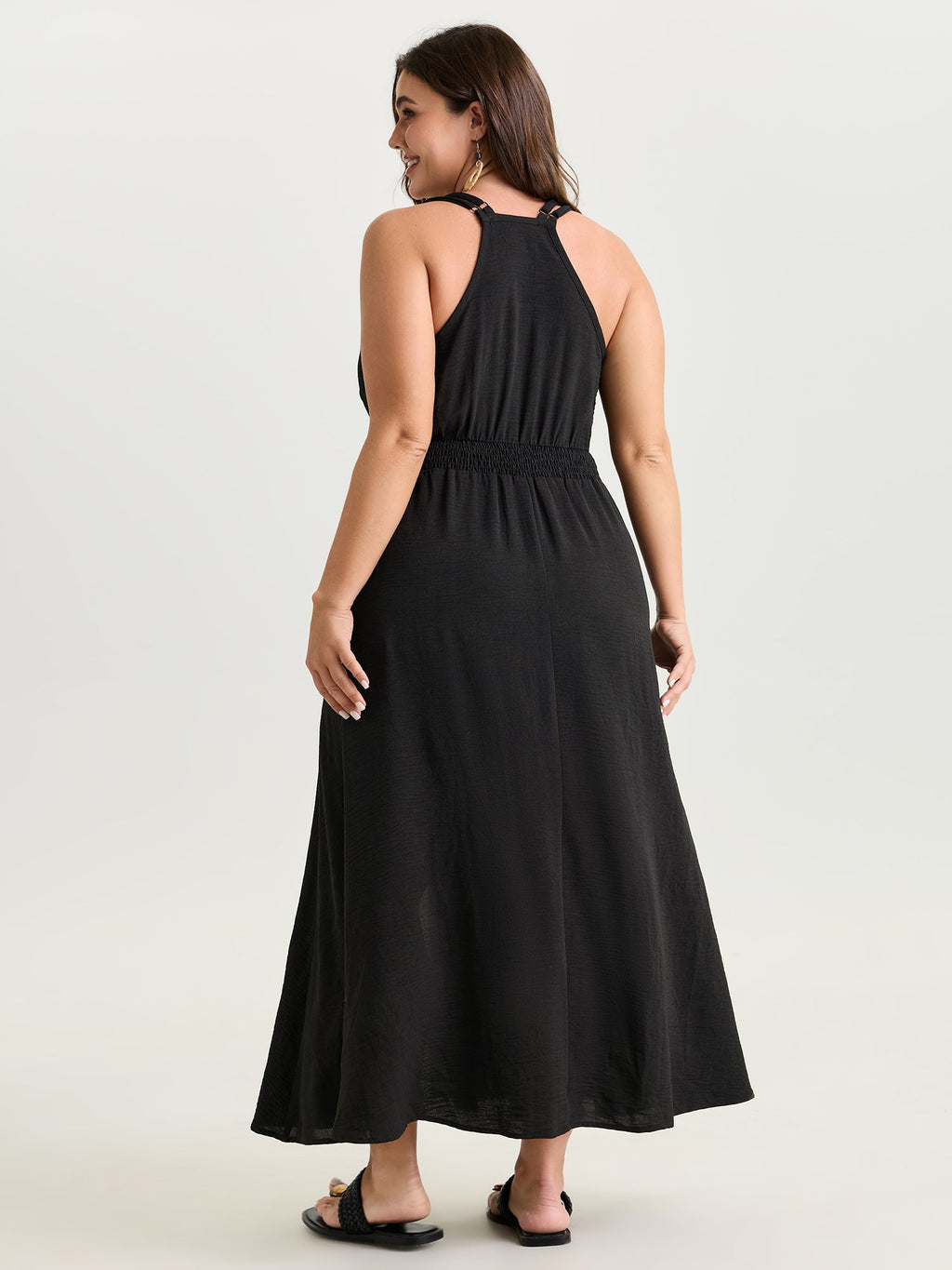 Floral Embroidered Shirred Waist Maxi Dress