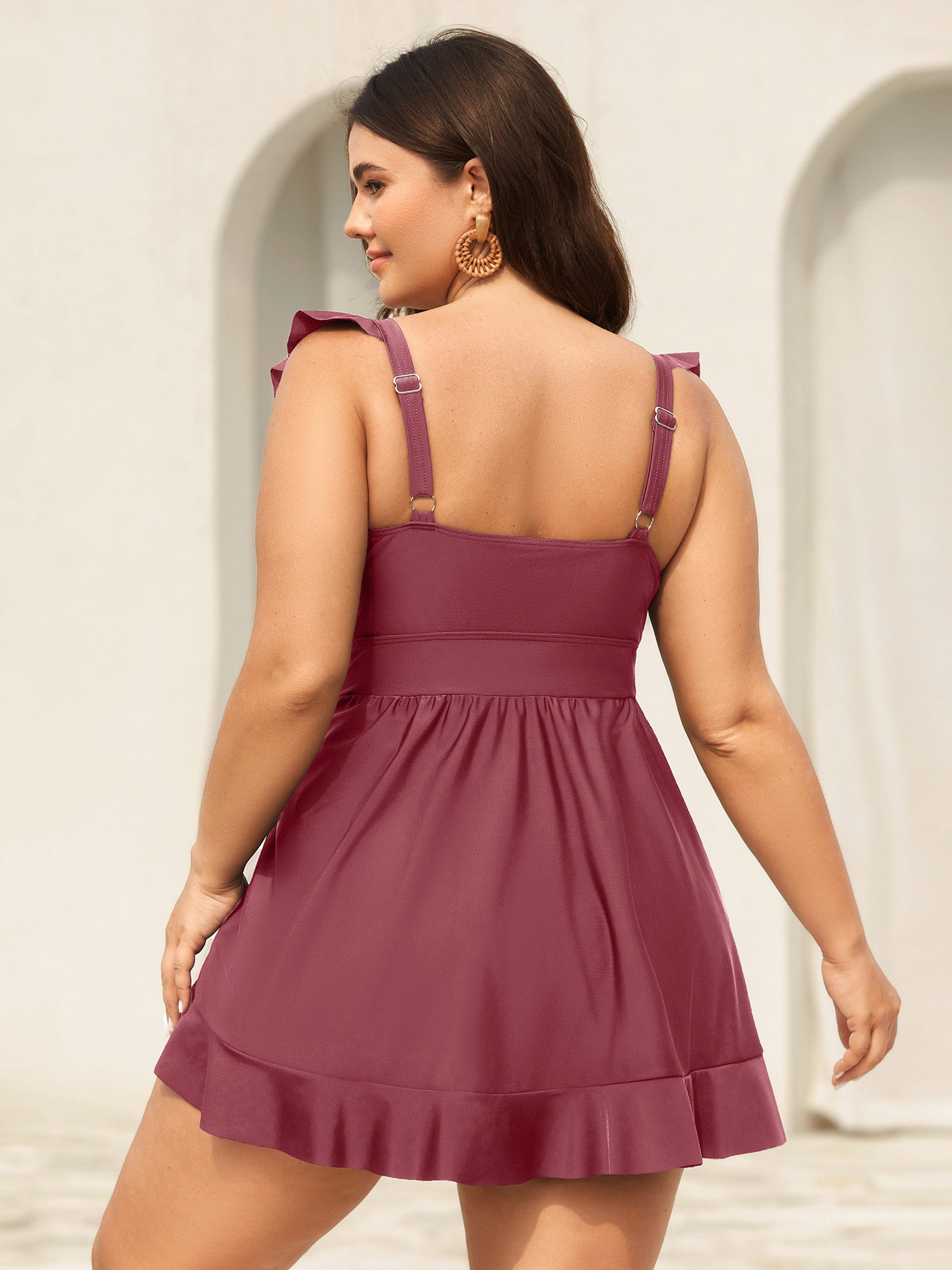 Ruffled Hem Flutter Sleeve Drawstring Swim Dress