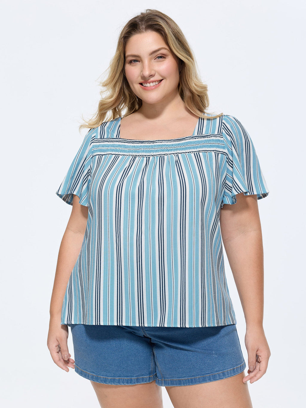 Striped Print Shirred Neckline Blouse