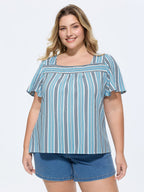 Striped Print Shirred Neckline Blouse