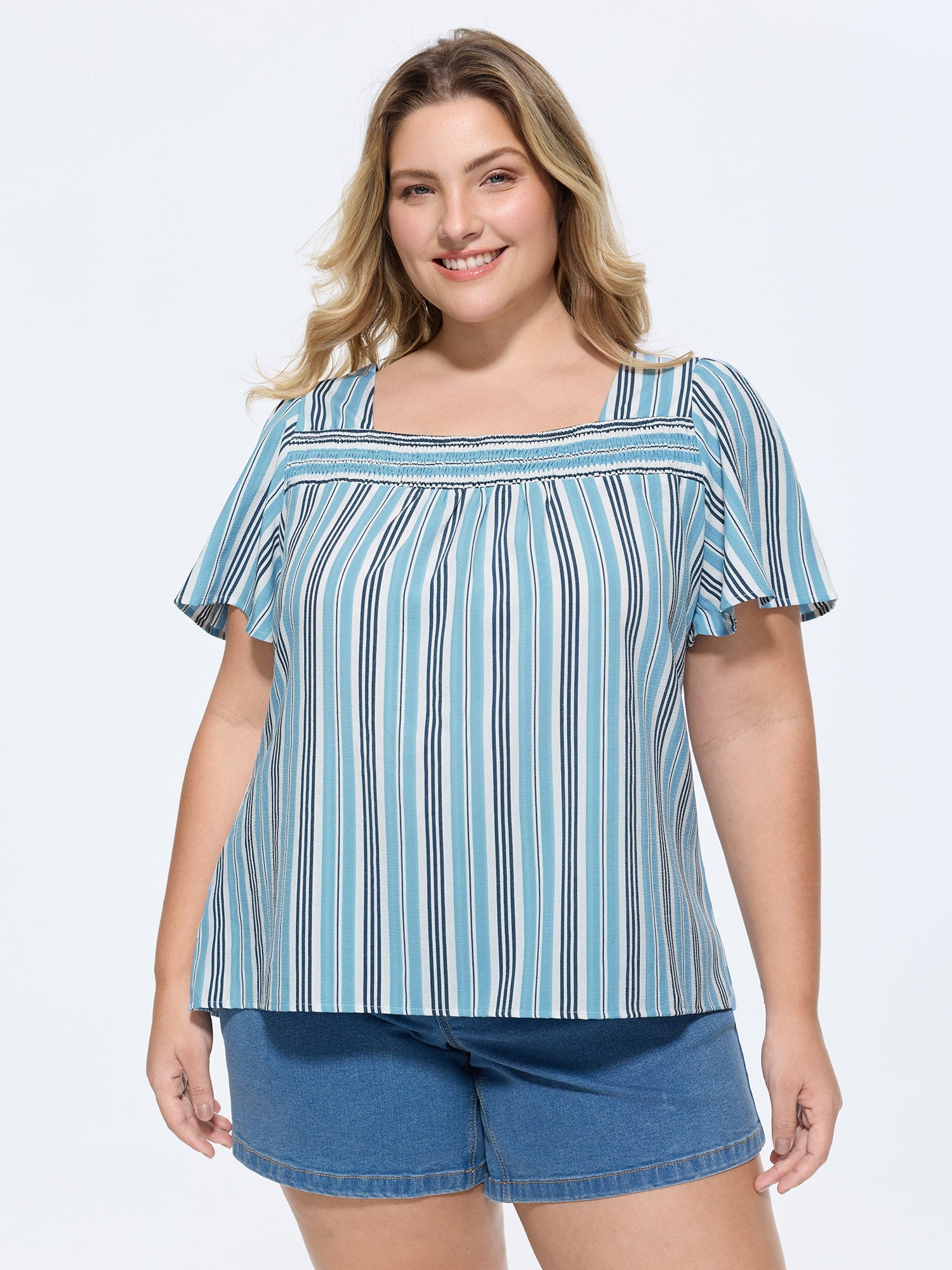 Striped Print Shirred Neckline Blouse