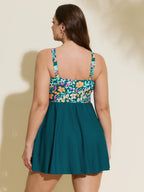 Floral Print Color Contrast Pockets Swim Dress