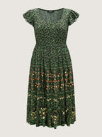 Rayon Garden Fresh Ruffled Sleeve Midi Dress