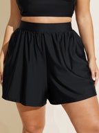 High Waisted Pockets Solid Pleated Swim Shorts