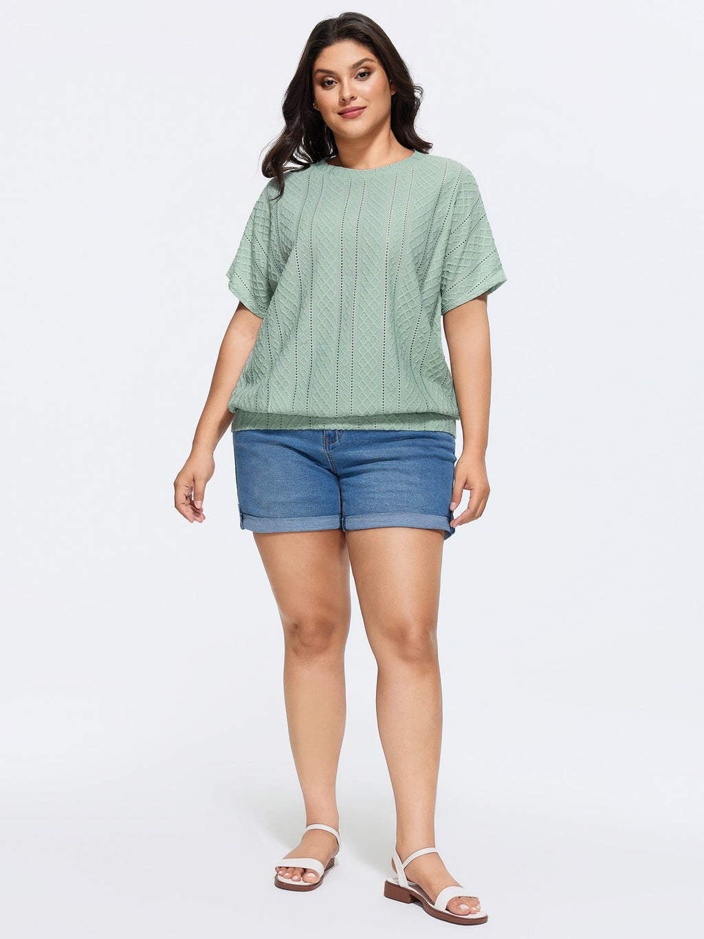 Eyelet Trim Stretchy Textured Plain Top