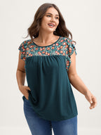 Floral Neckline Flutter Sleeve Contrast T-Shirt